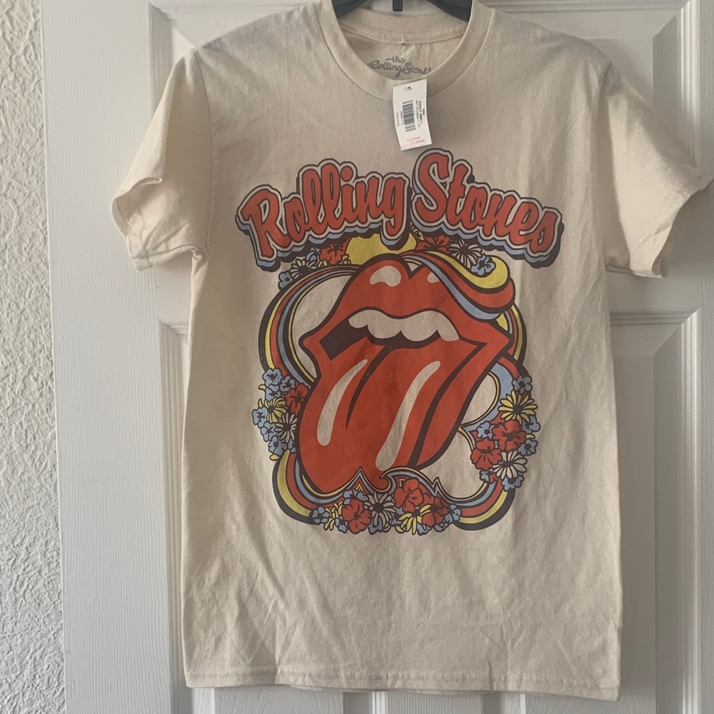 the Rolling Stones Cream Tee with Red Tongue and Multicolor Floral Size S